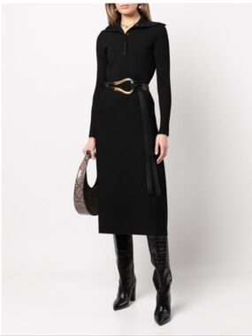 Tory Burch Black Polo Sweater Ribbed Midi Dress Long Sleeves Flared Collar NWT